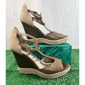Sam Edelman 9 Katarina Espadrille Wedge T-Strap Shoes Sandals in Brown Leather